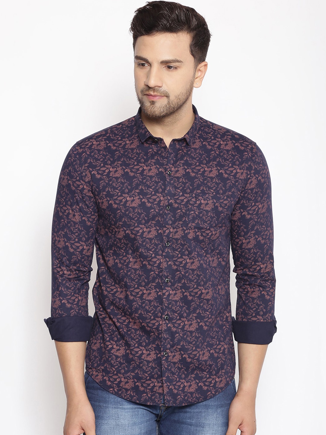 

SHOWOFF Men Navy Blue & Pink Cotton Classic Slim Fit Printed Casual Shirt