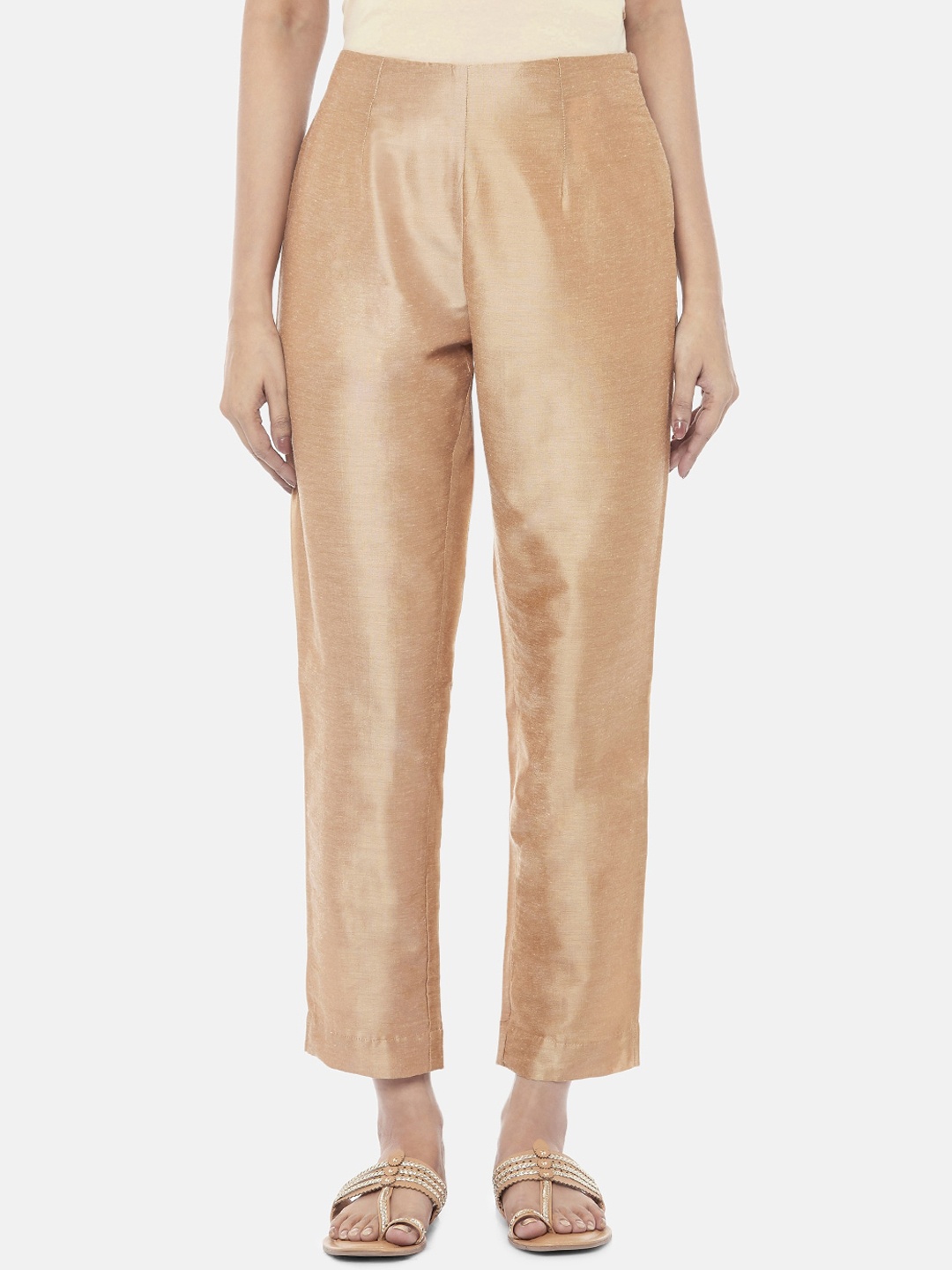 

RANGMANCH BY PANTALOONS Women Gold-Toned Straight Fit Solid Regular Trousers