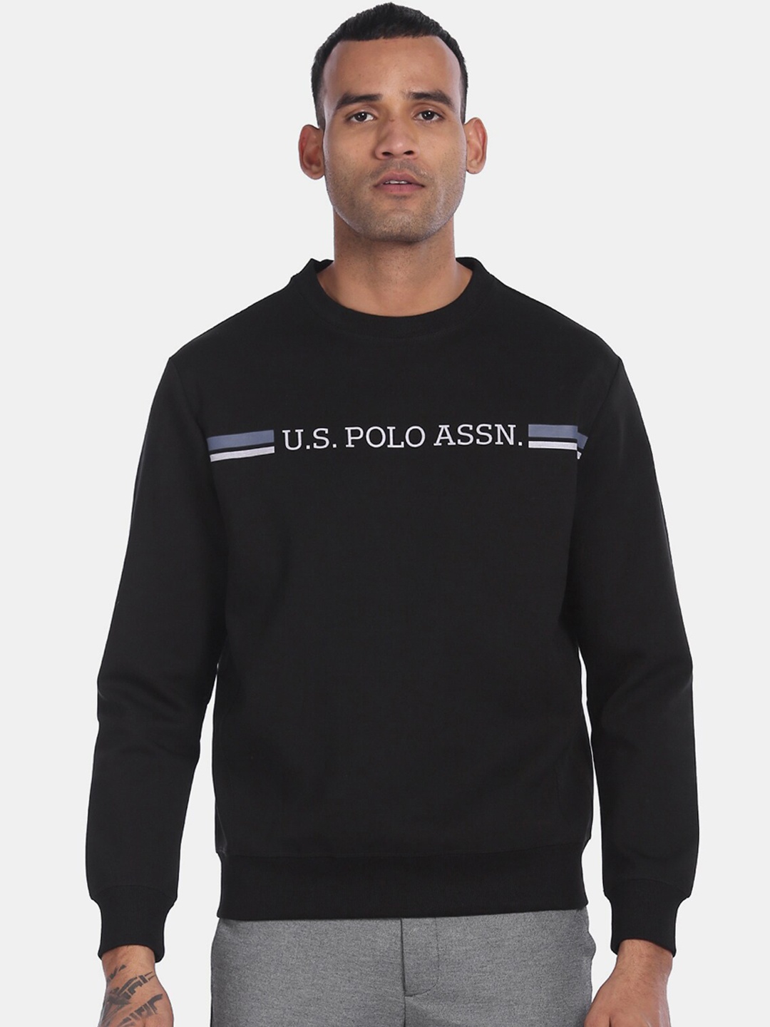 

U.S. Polo Assn. Men Black & White Brand Logo Print Sweatshirt