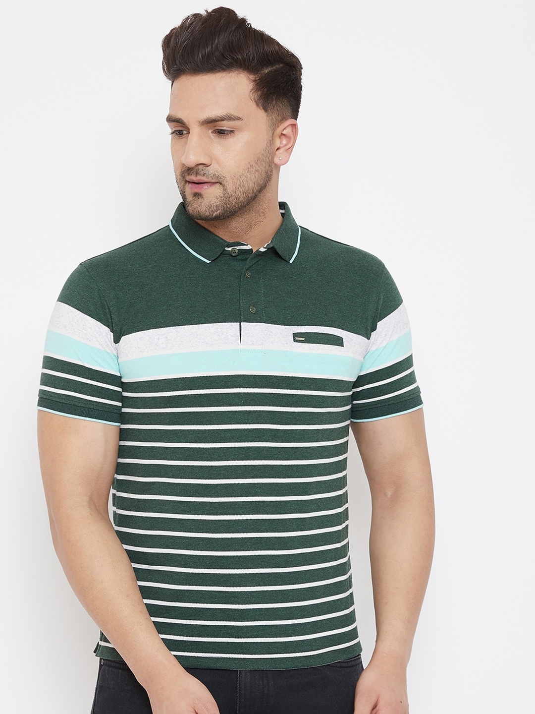 

Okane Men Green & White Striped Polo Collar T-shirt