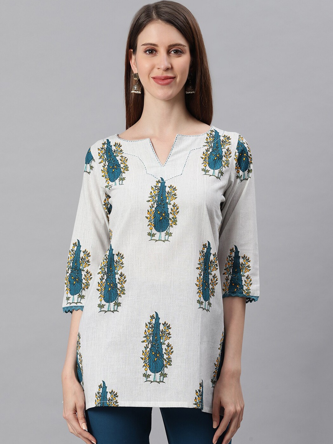 

Janasya Women's White & Teal Printed Cotton Tunic