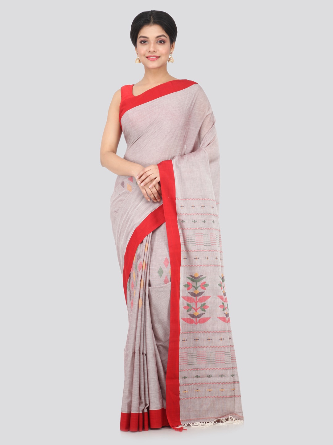 PinkLoom Grey Woven Design Pure Cotton Handloom Sustainable Saree