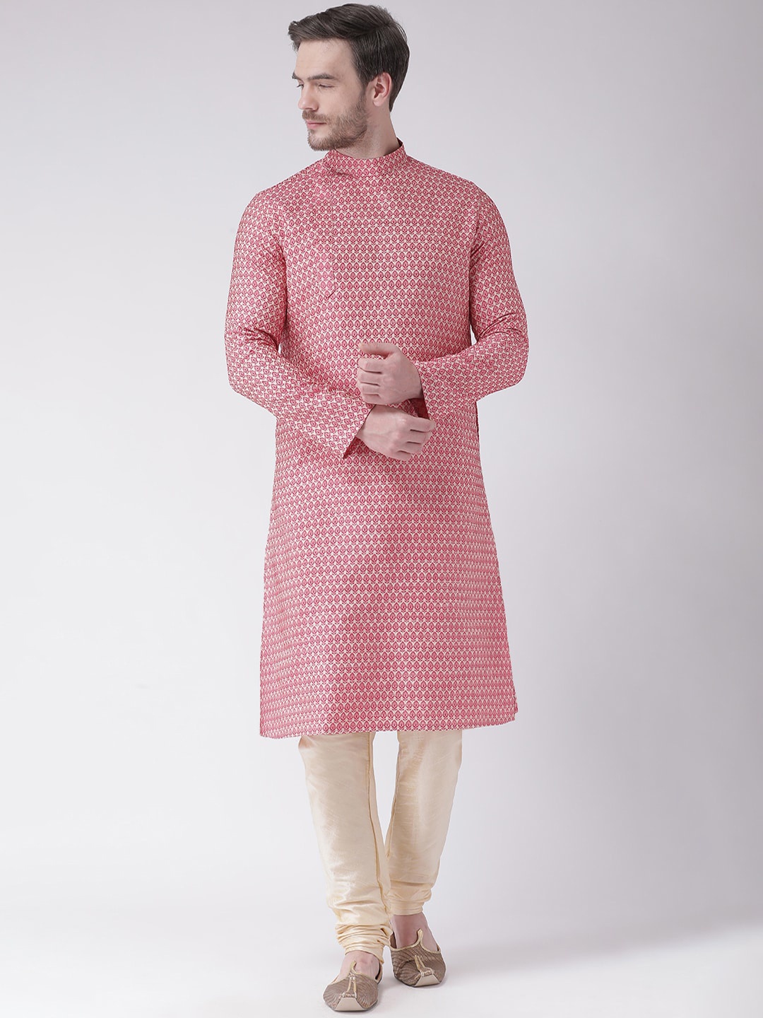 

DEYANN Men Pink & Gold-Toned Woven Design Kurta with Churidar