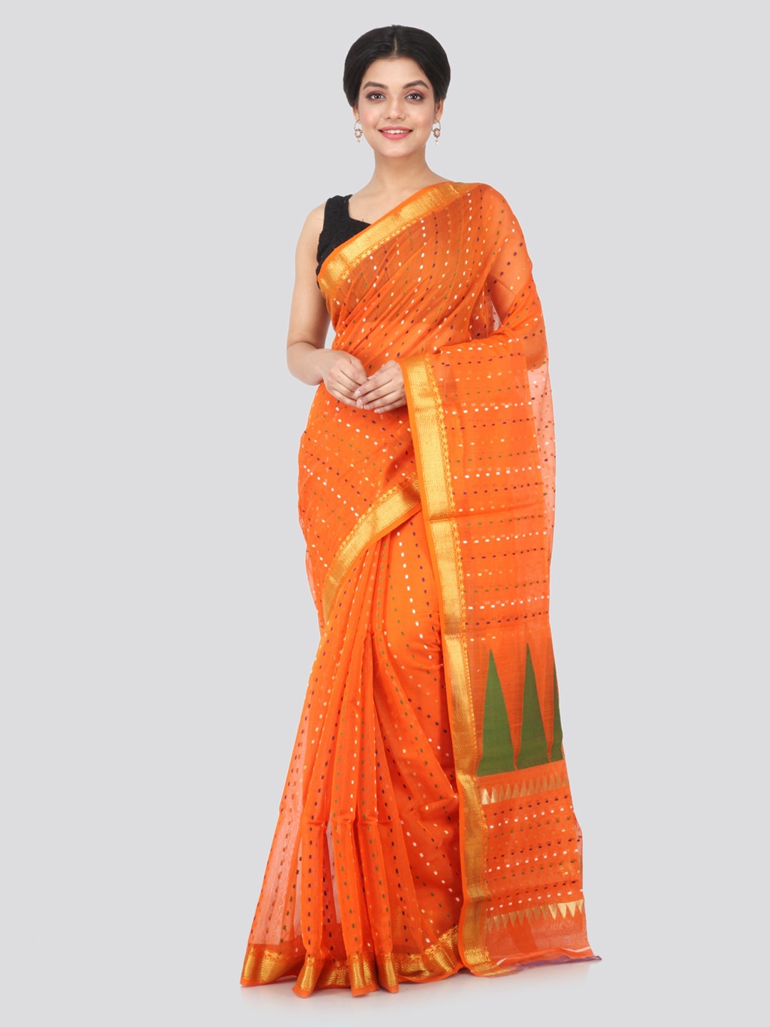 PinkLoom Orange Woven Design Cotton Blend Handloom Sustainable Saree