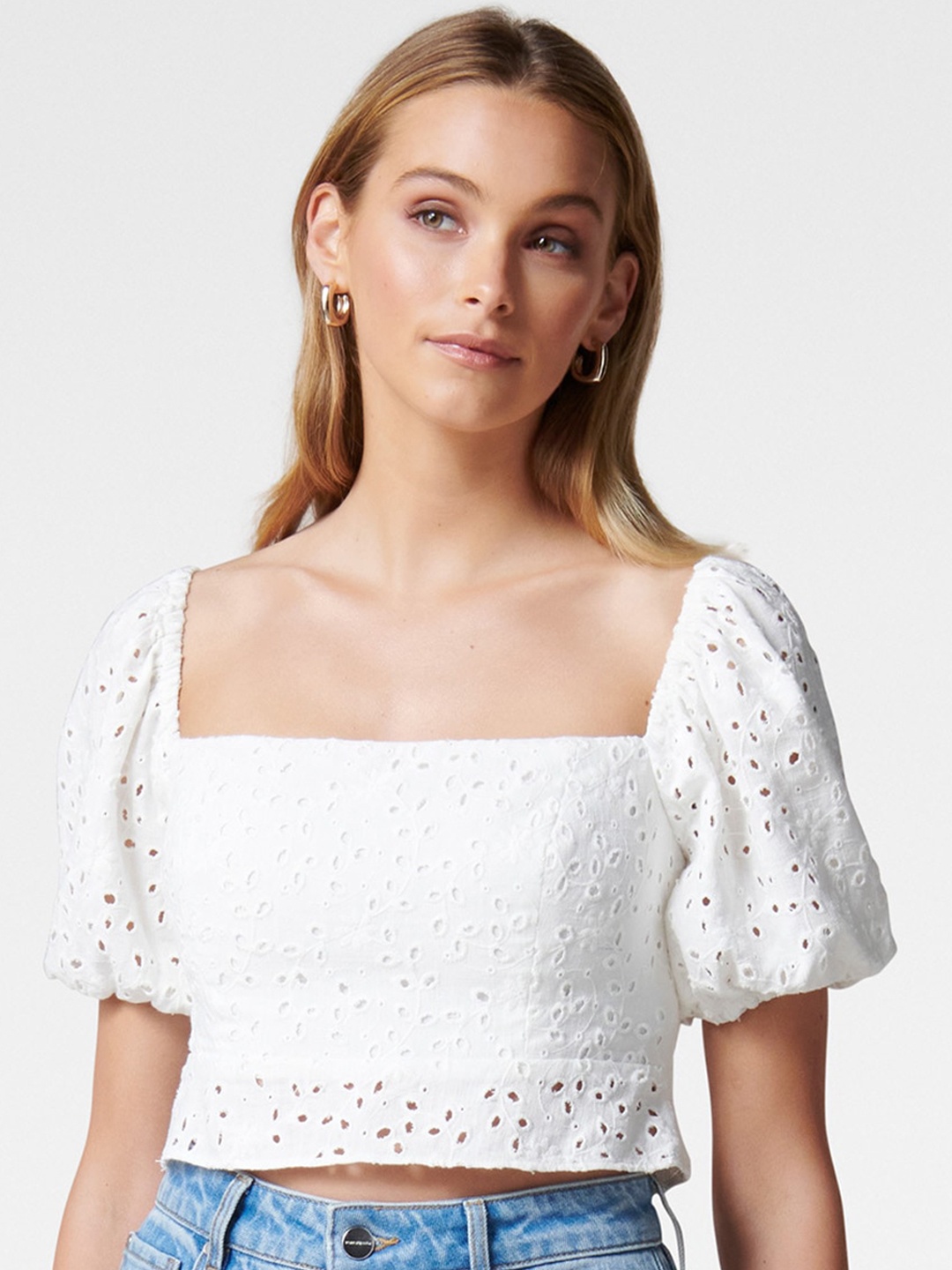 

Forever New Women White Square Neck Schiffli Crop Top