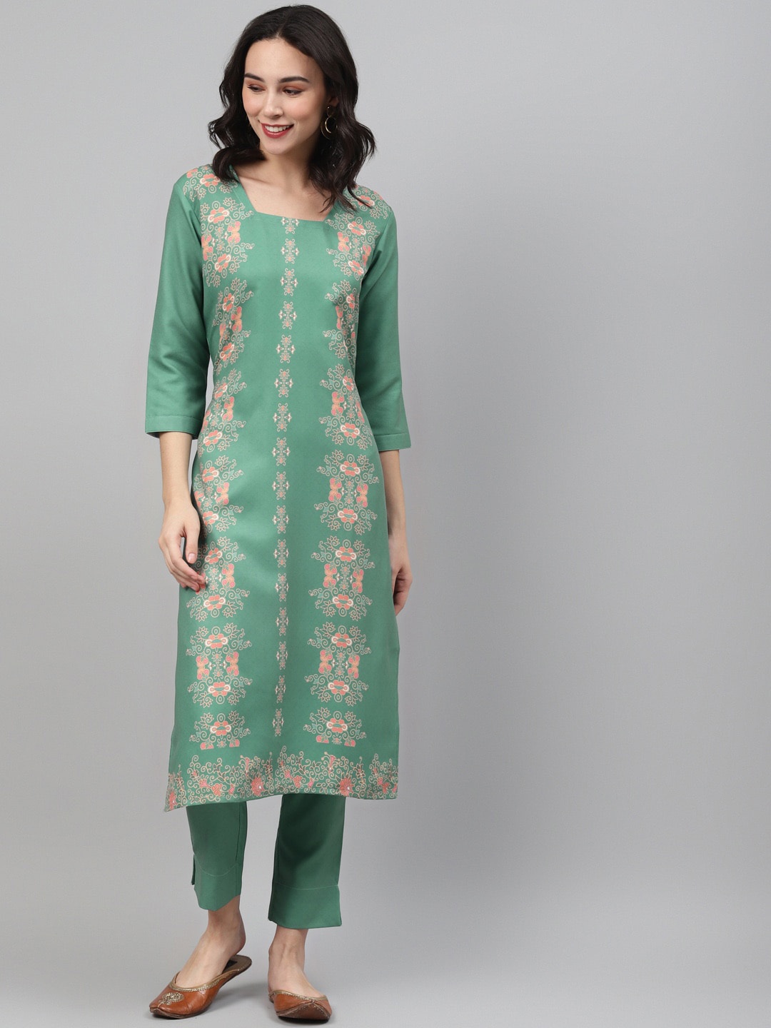 

ZIYAA Women Green & Pink Ethnic Motifs Embroidered Kurta