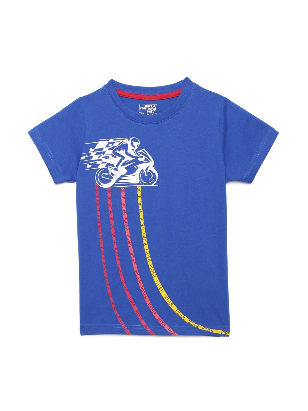 UNDER FOURTEEN ONLY Boys Blue White Printed Round Neck Pure Cotton T-shirt