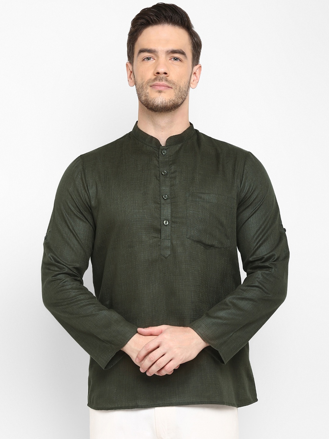

Hangup Men Olive Green Mandarin Collar Kurta