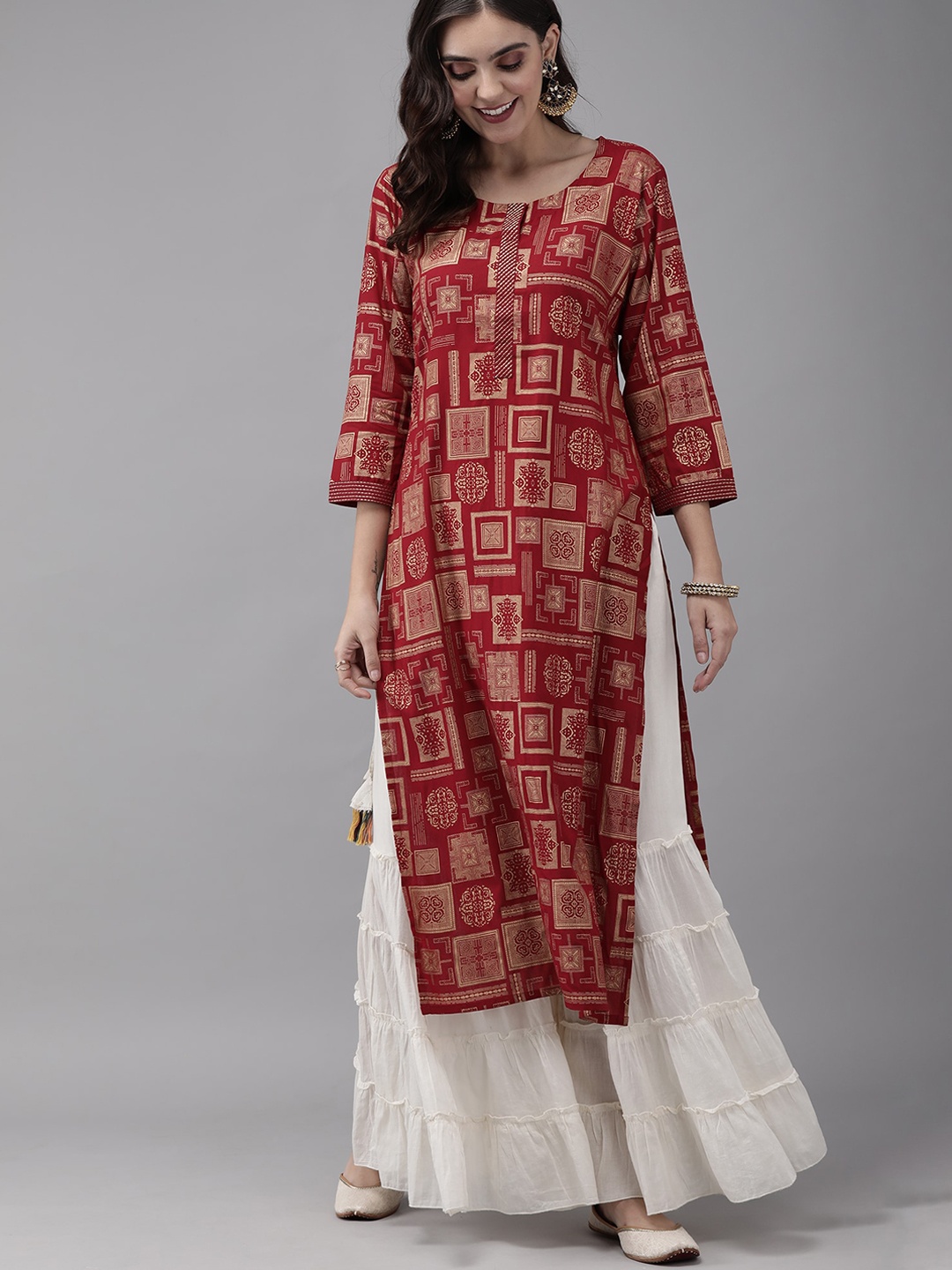 

Indo Era Women Red Geometric Checked Kurta