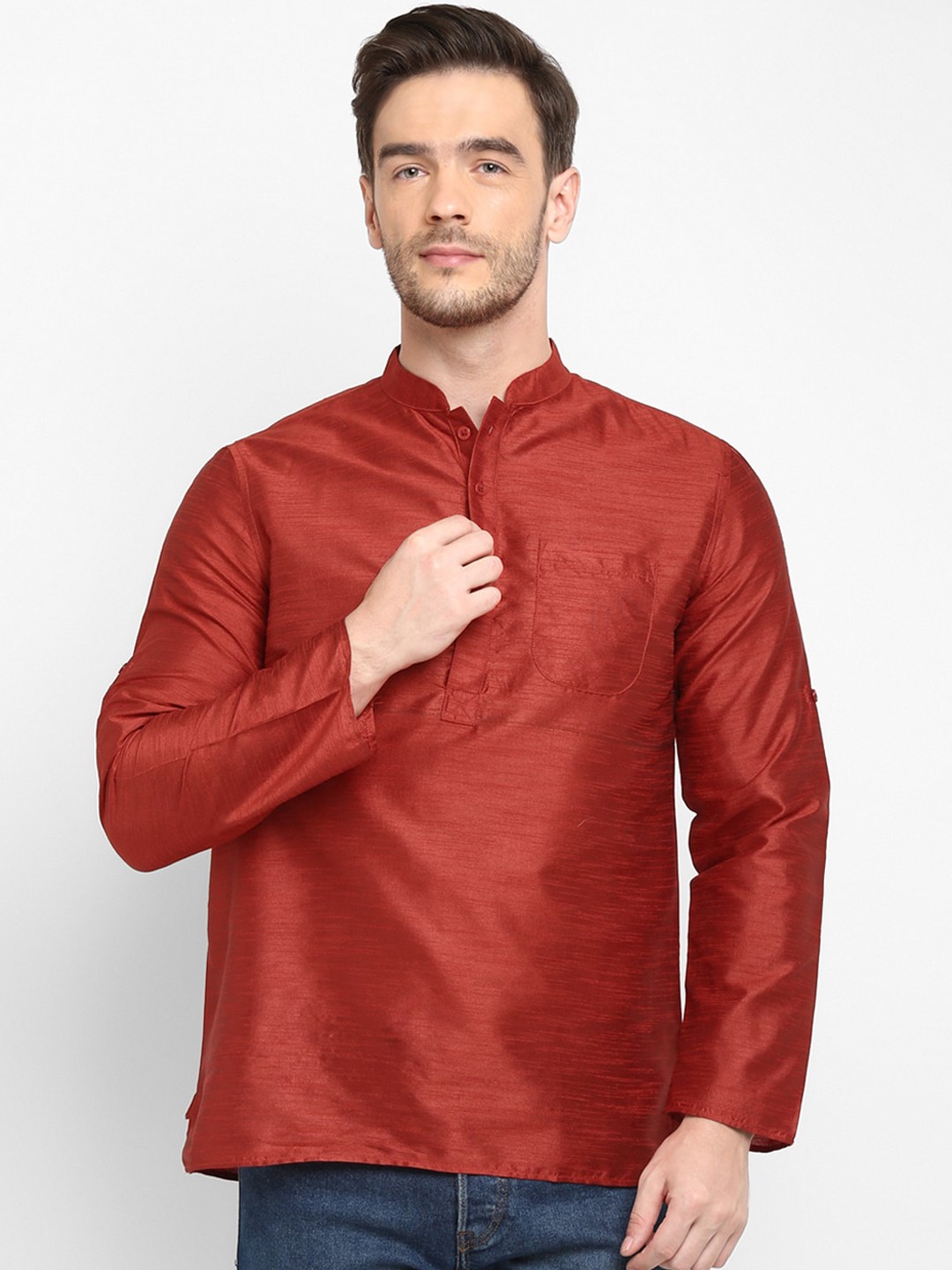 

Hangup Men Red Mandarin Collar Kurta