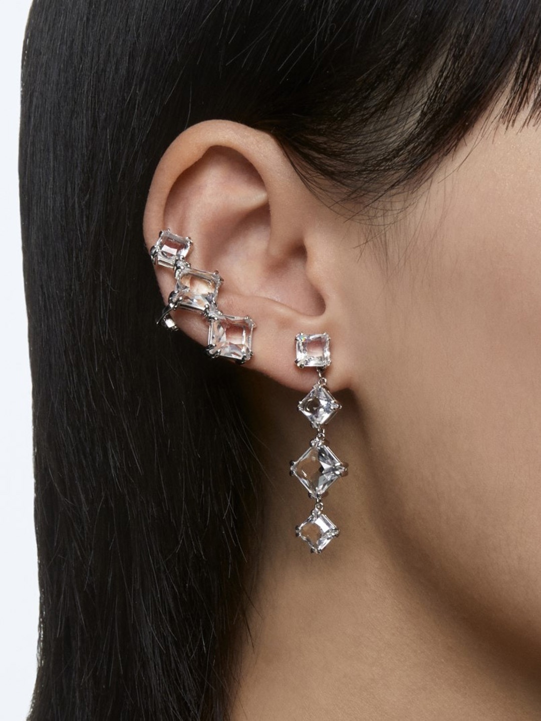 SWAROVSKI White Rhodium Plated Single Asymmetrical Set Millenia Drop Earrings