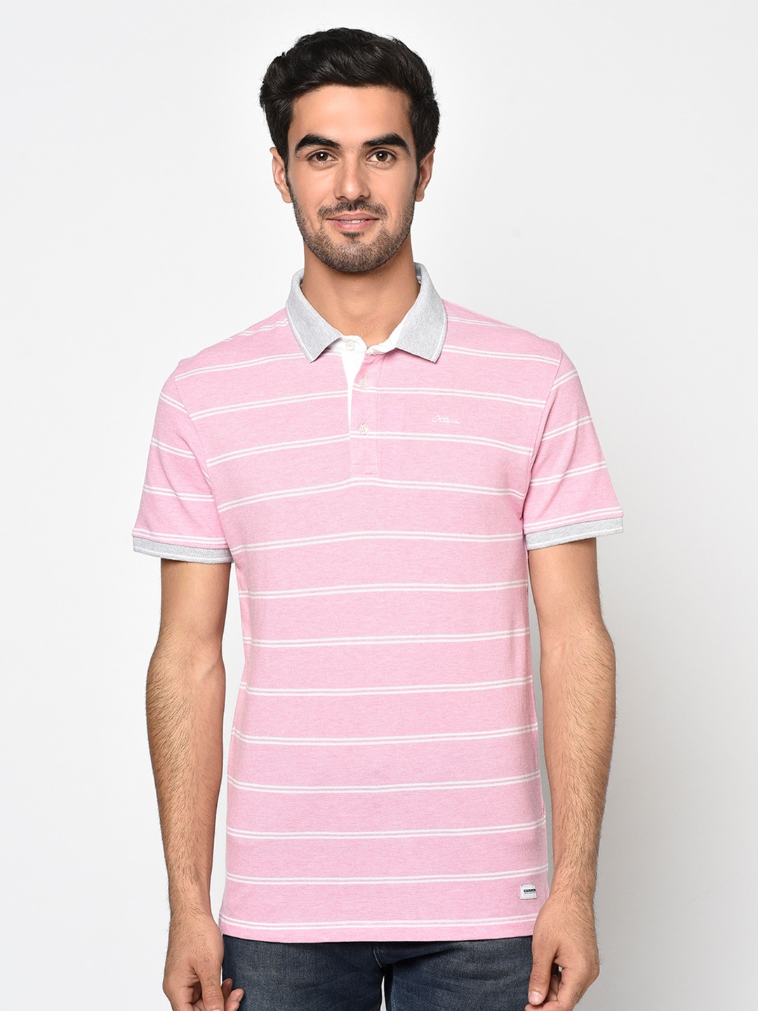 Octave Men Pink Melange Striped Polo Collar T-shirt