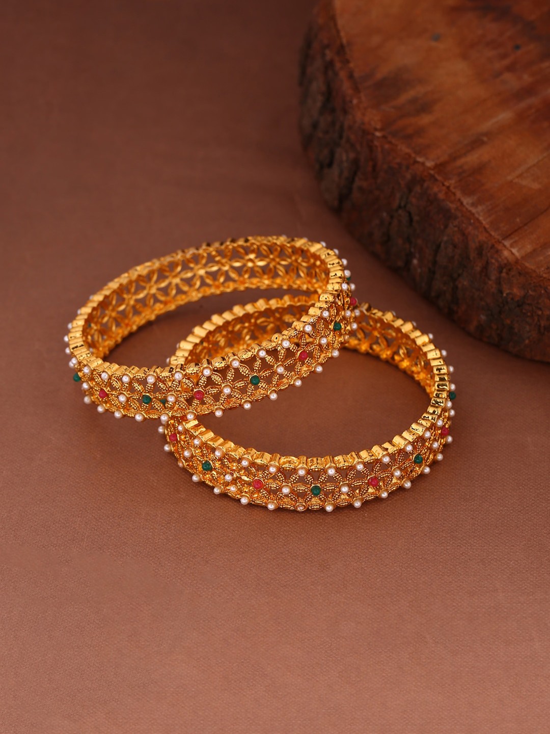 

Shoshaa Set Of 2 Gold-Plated Green & Pink Stone-Studded Handcrafted Bangles