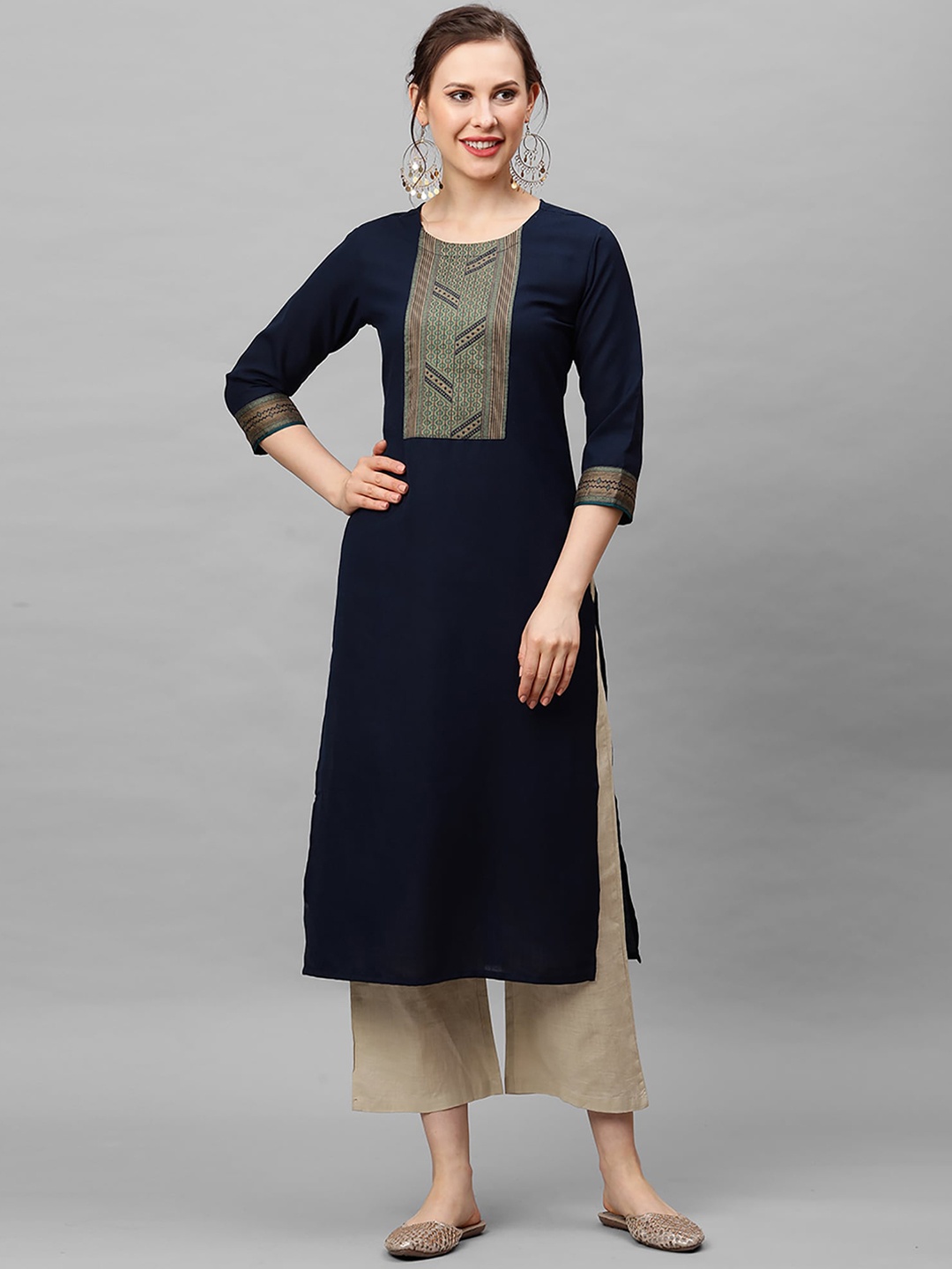 

Indo Era Women Navy Blue Yoke Design Kurta
