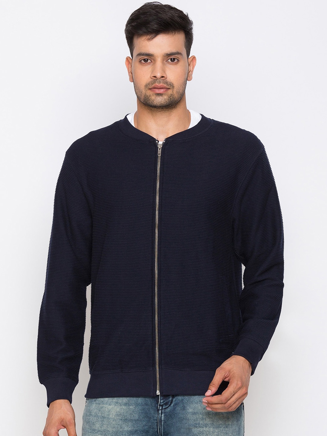 

Globus Men Navy Blue Self Design Sweatshirt