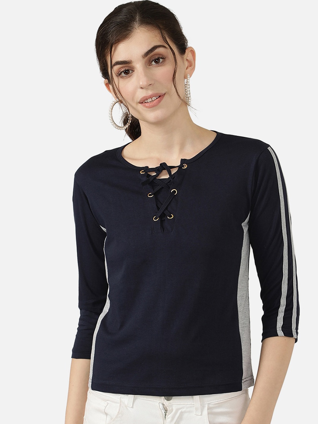

V2 Value & Variety Navy Blue & Grey Tie-Up Neck Chambray Regular Top