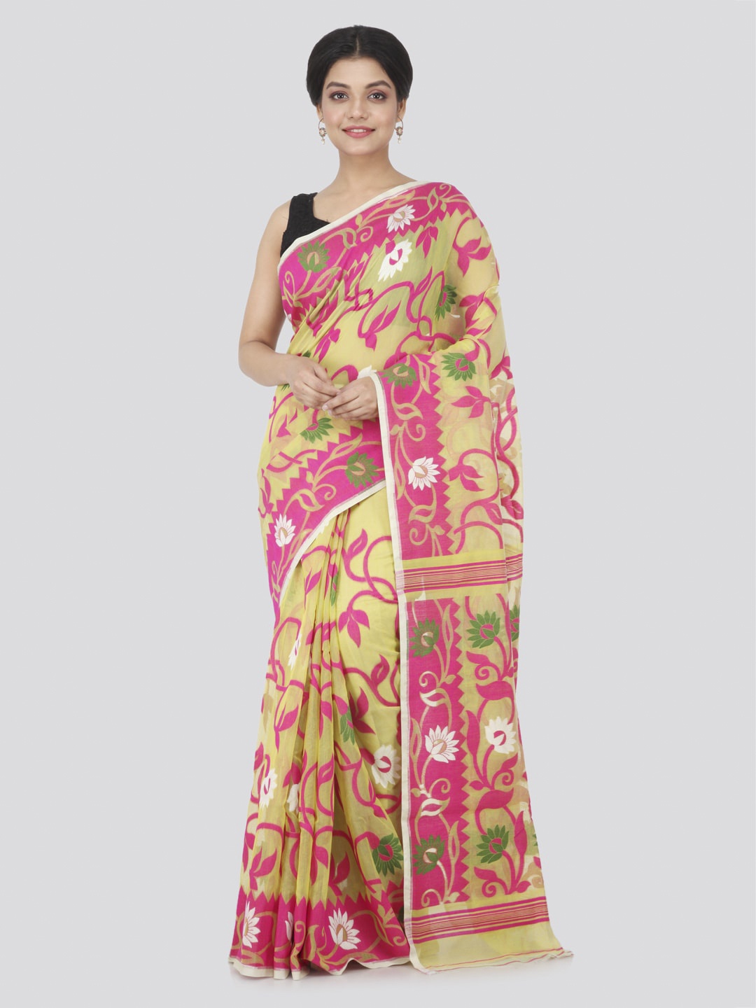 

PinkLoom Yellow Pure Cotton Woven Design Handloom Jamdani Saree
