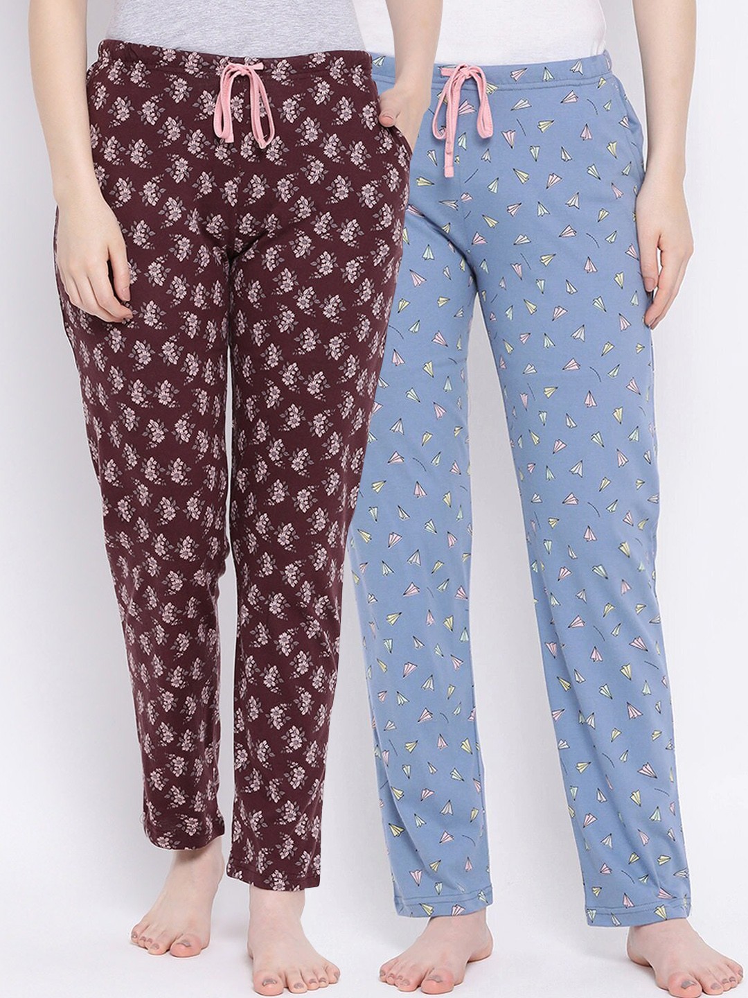 

Kanvin Women Pack Of 2 Brown & Blue Printed Cotton Lounge Pants