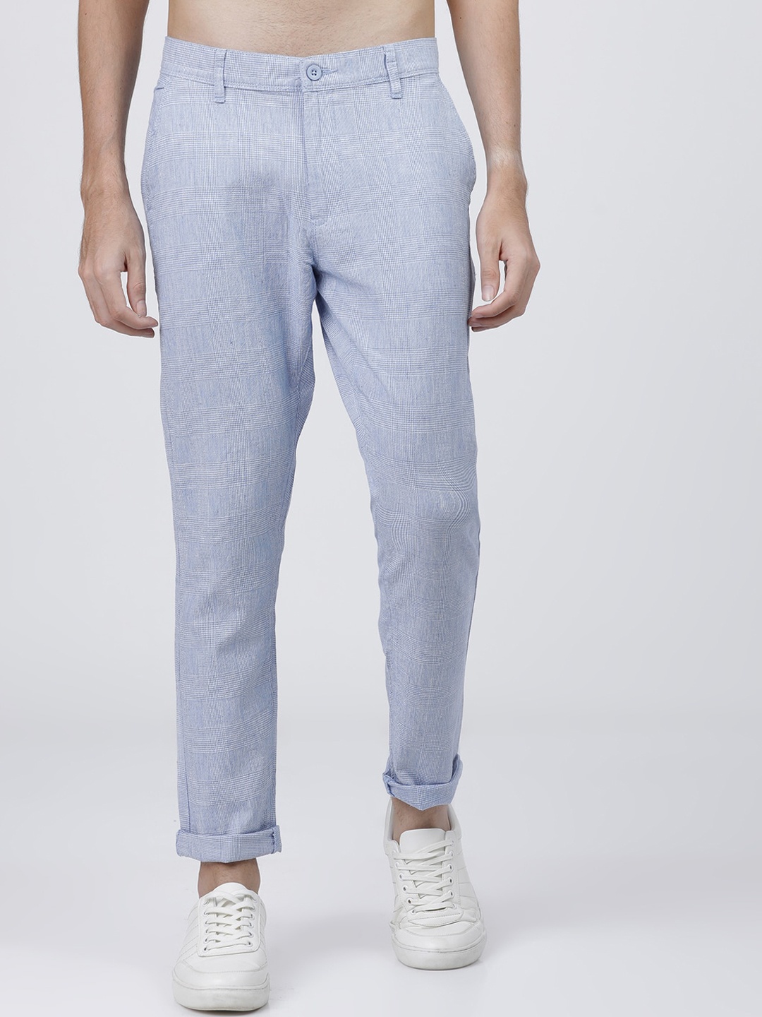 

HIGHLANDER Men Blue & White Slim Fit Checked Cotton Linen Chinos