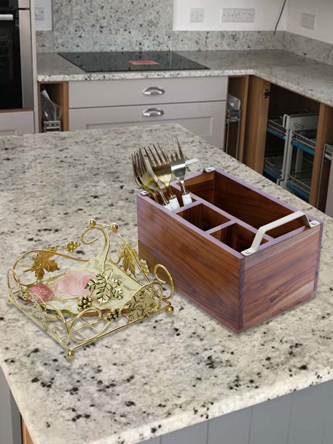 

nestroots Set of Cutlery Stand & Napkin Holder, Brown
