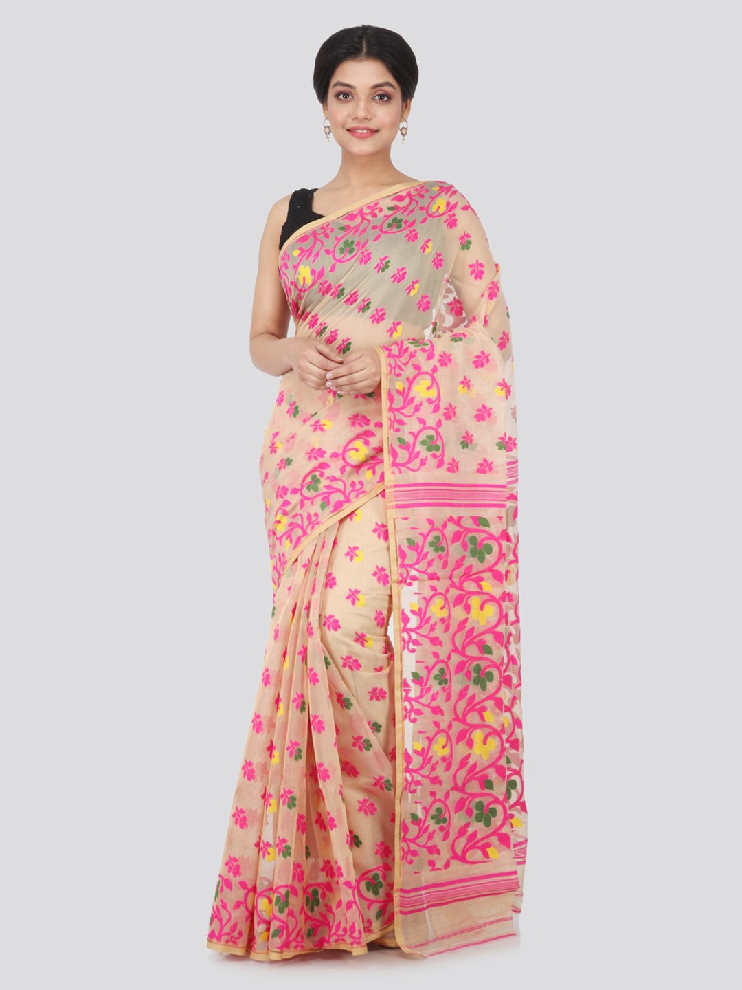 

PinkLoom Beige Pure Cotton Woven Design Jamdani Sustainable Saree