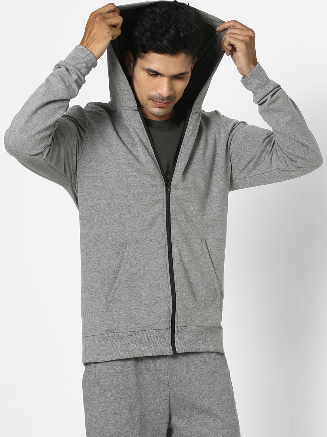 

Domyos By Decathlon Men Grey Full-Zip Hooded Cotton Sweatshirt
