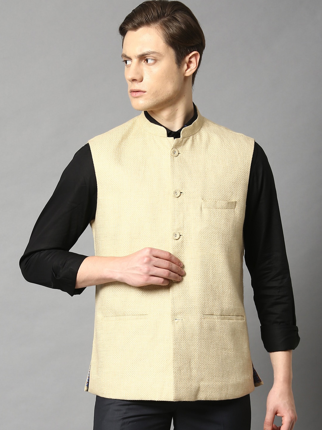 

HARSAM Men Beige Woven Design Linen Nehru Jacket