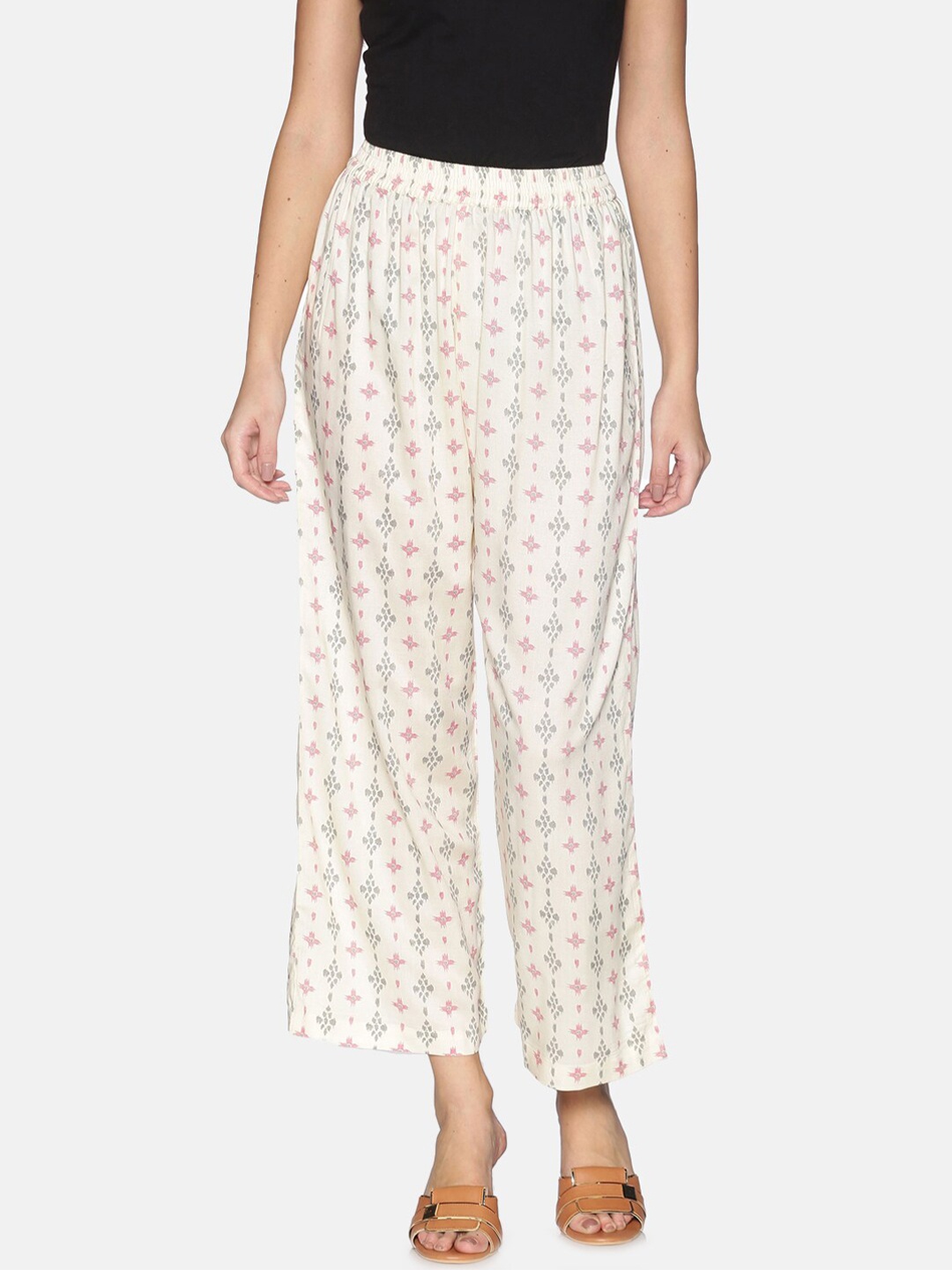 

Saffron Threads Women Off-White & Pink Printed Wide Leg Palazzos