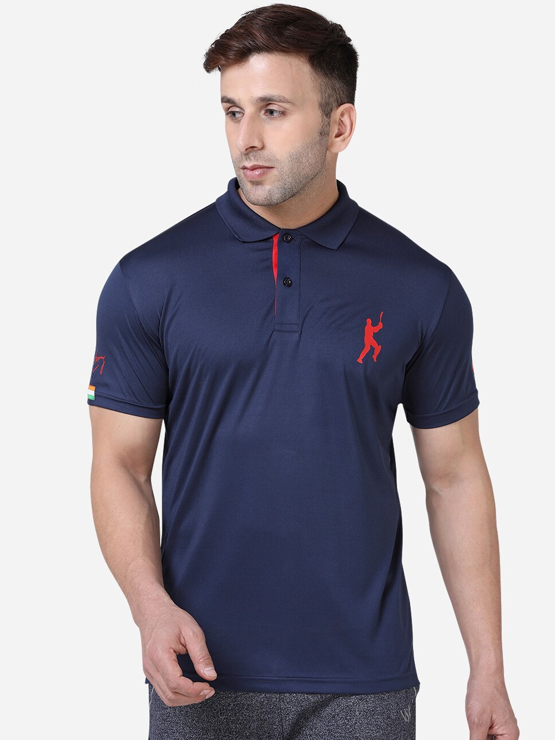 VS by Sehwag by Sehwag Men Navy Blue Solid Polo Collar T-shirt