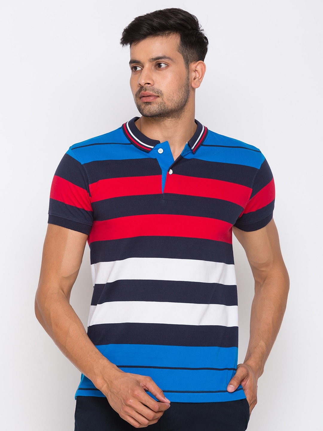 

Globus Men Blue & White Cotton Striped Polo Collar T-shirt