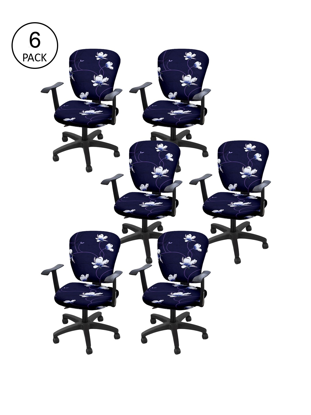 Cortina Set Of 6 Navy Blue & White Floral Print Chair Covers
