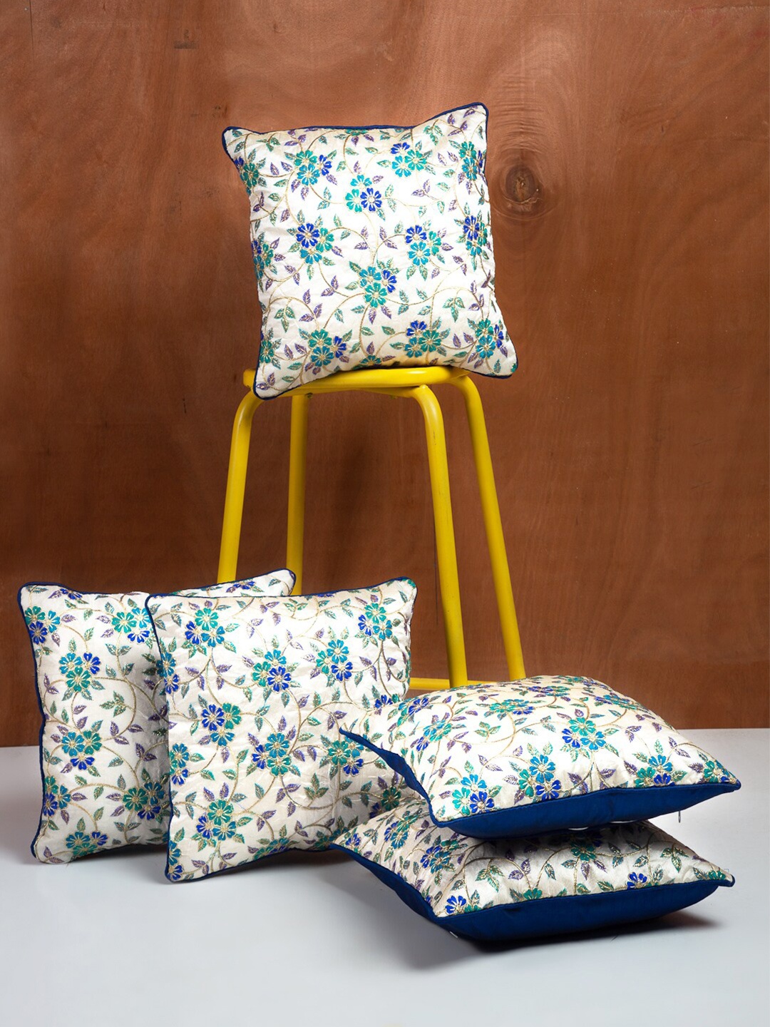 HOSTA HOMES White & Blue Set of 5 Floral Square Cushion Covers