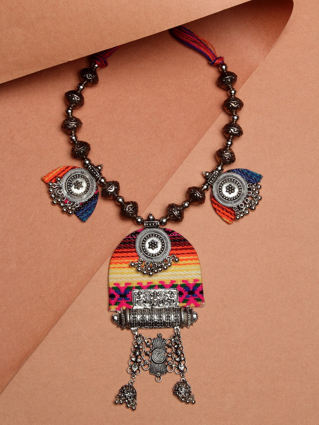 

NEUDIS Silver-Toned & Orange Alloy Rhodium-Plated Afghan Necklace