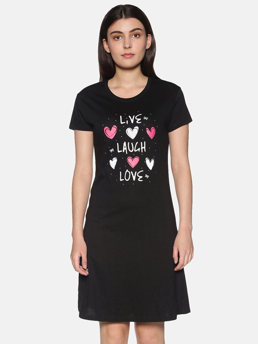 TWIN BIRDS Black & White Printed Nightdress