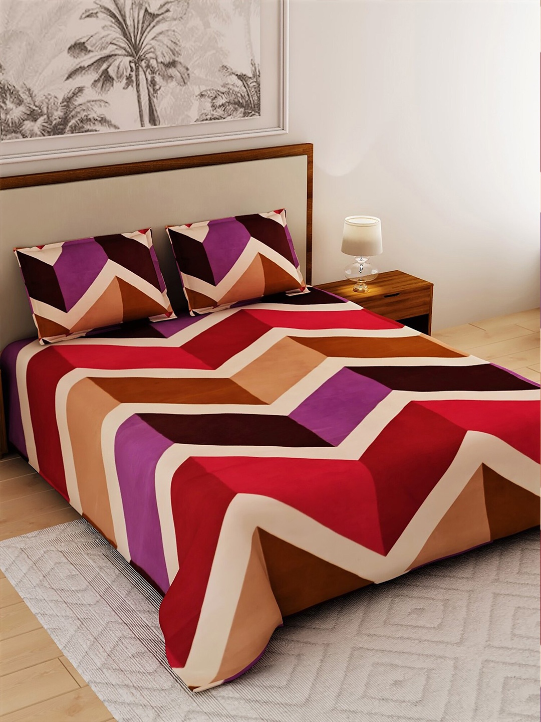 

Salona Bichona Multicoloured Geometric 144 TC Polyester 1 Queen Bedsheet with 2 Pillow Covers, Multi