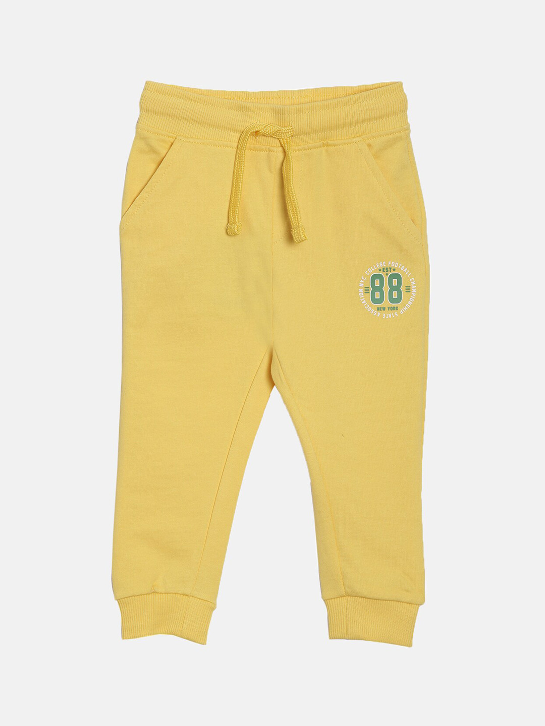 

3PIN Infant Boys Yellow Solid Cotton Joggers with Printed Detail