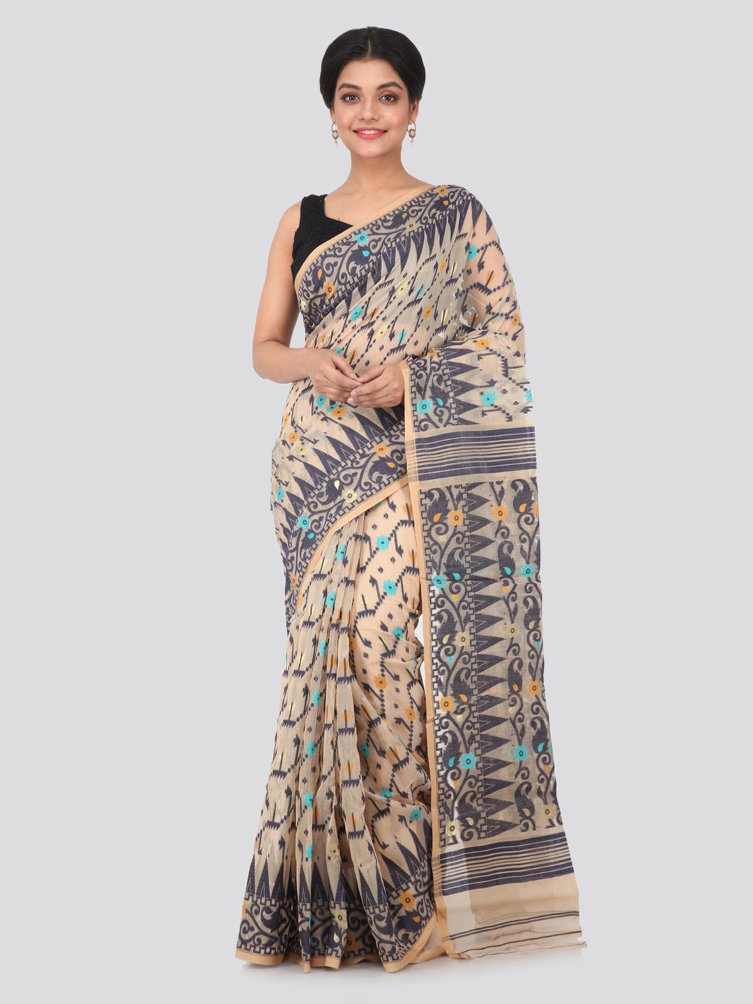 PinkLoom Beige Pure Cotton Woven Design Jamdani Sustainable Saree