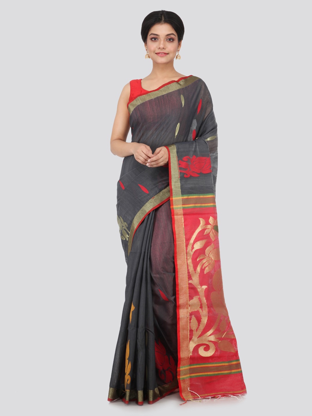 PinkLoom Grey Woven Design Cotton Blend Handloom Sustainable Saree