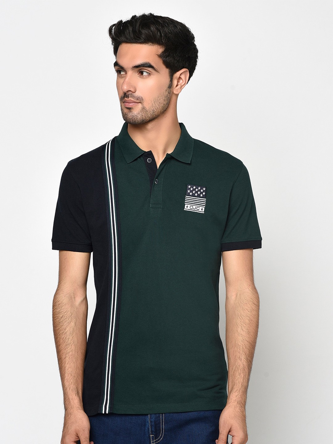 

Octave Men Green Colourblocked Polo Collar T-shirt