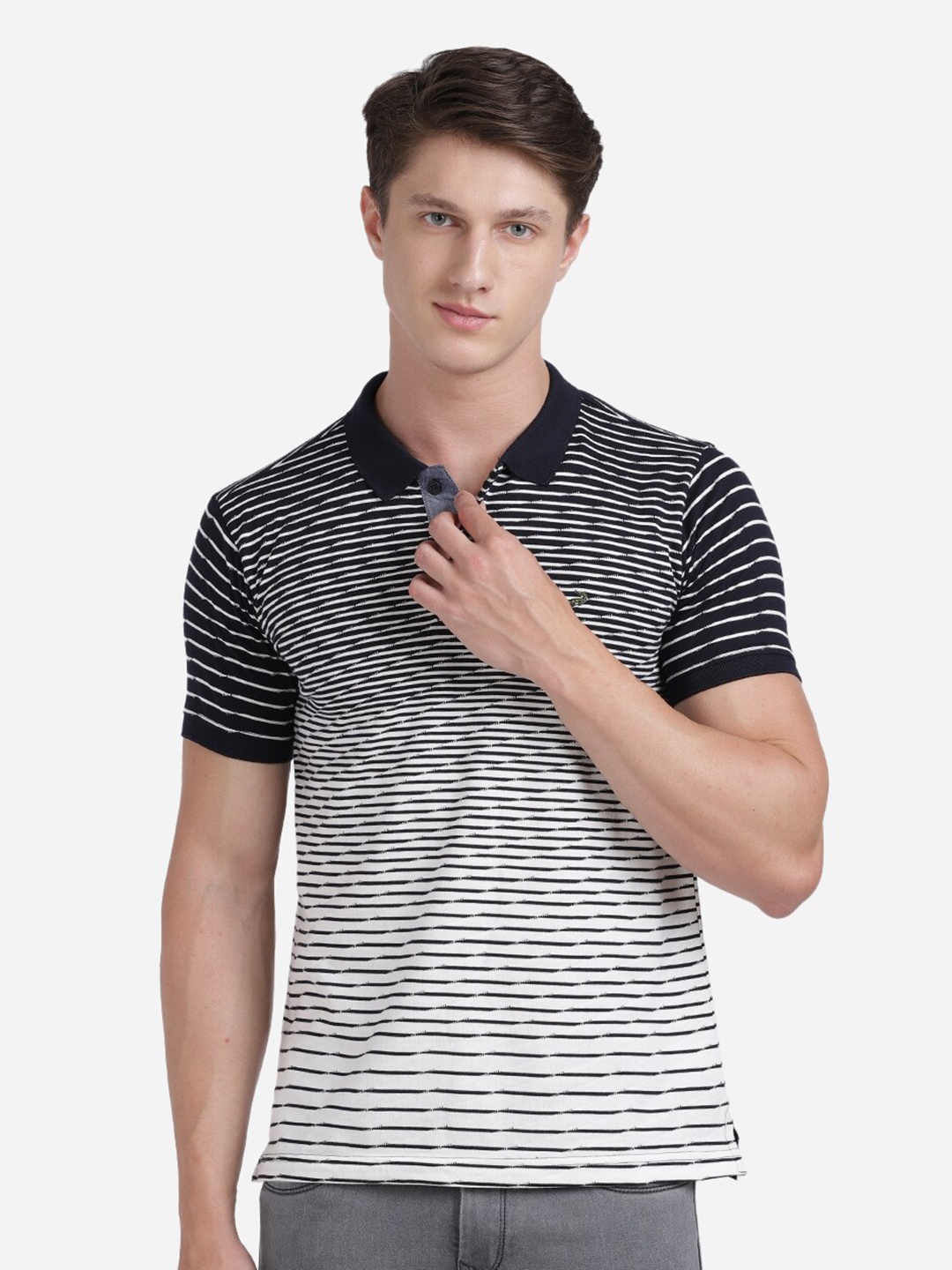 

Crocodile Men Navy Blue Striped Polo Collar Cotton T-shirt