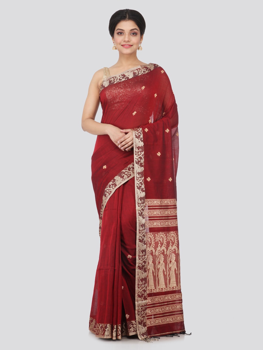 PinkLoom Maroon Woven Design Pure Cotton Handloom Sustainable Saree