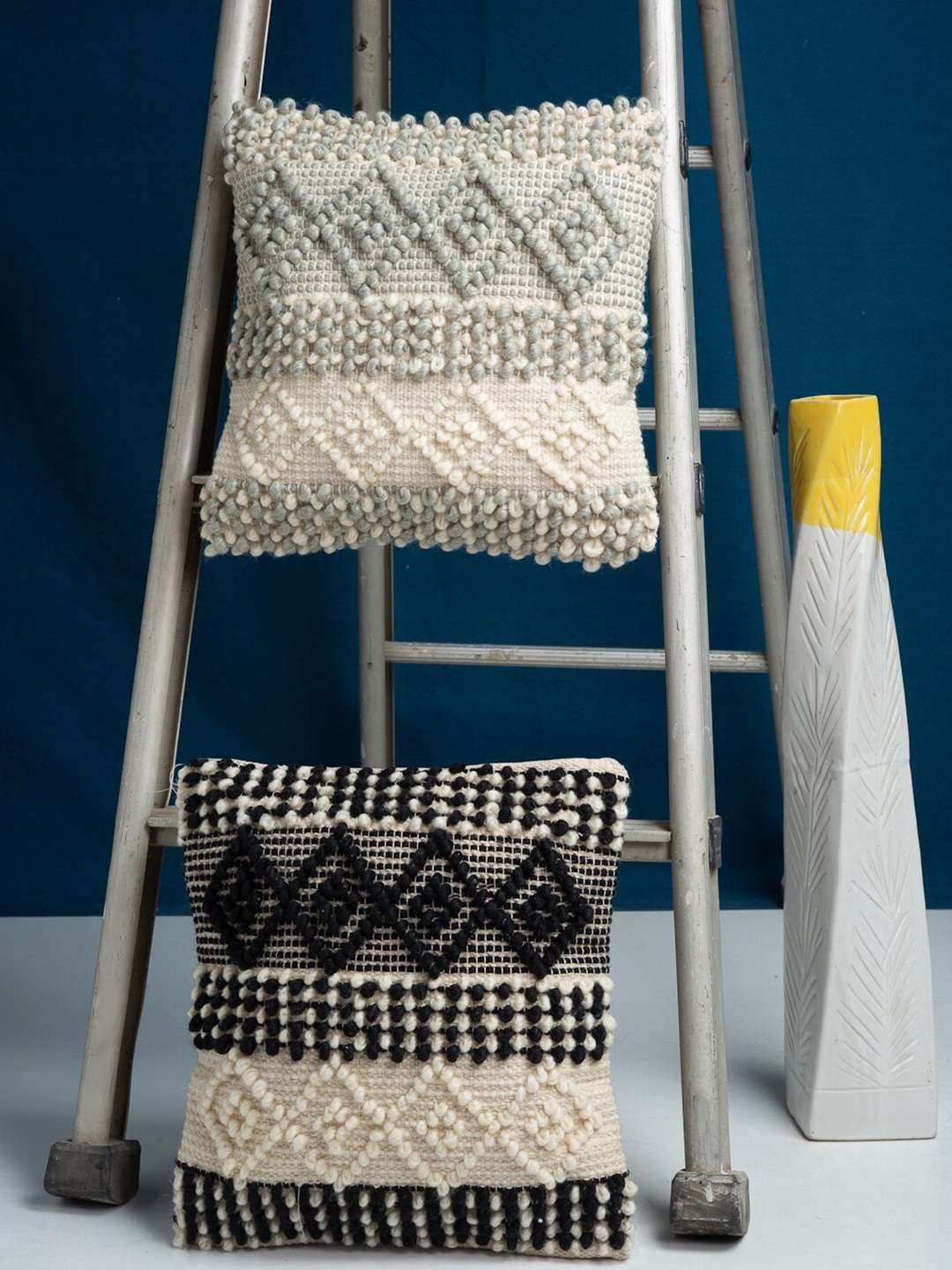 HOSTA HOMES Cream-Coloured Set of 2 Self Design Square Cushion Covers