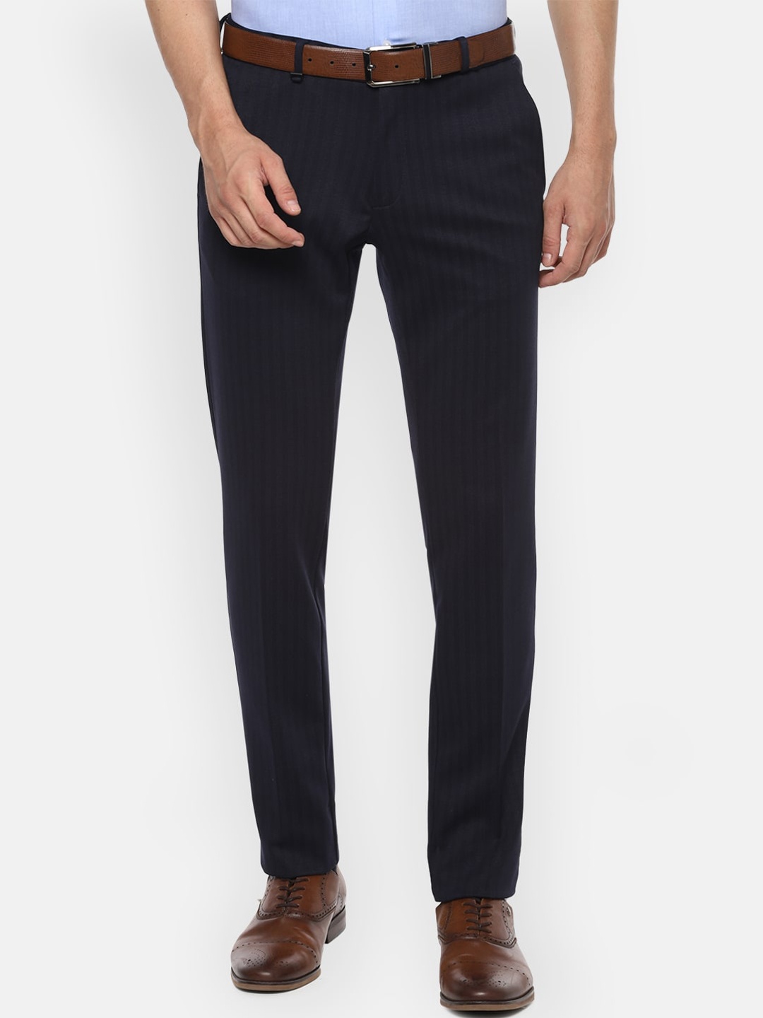 Van Heusen Men Navy Blue Striped Slim Fit Formal Trousers