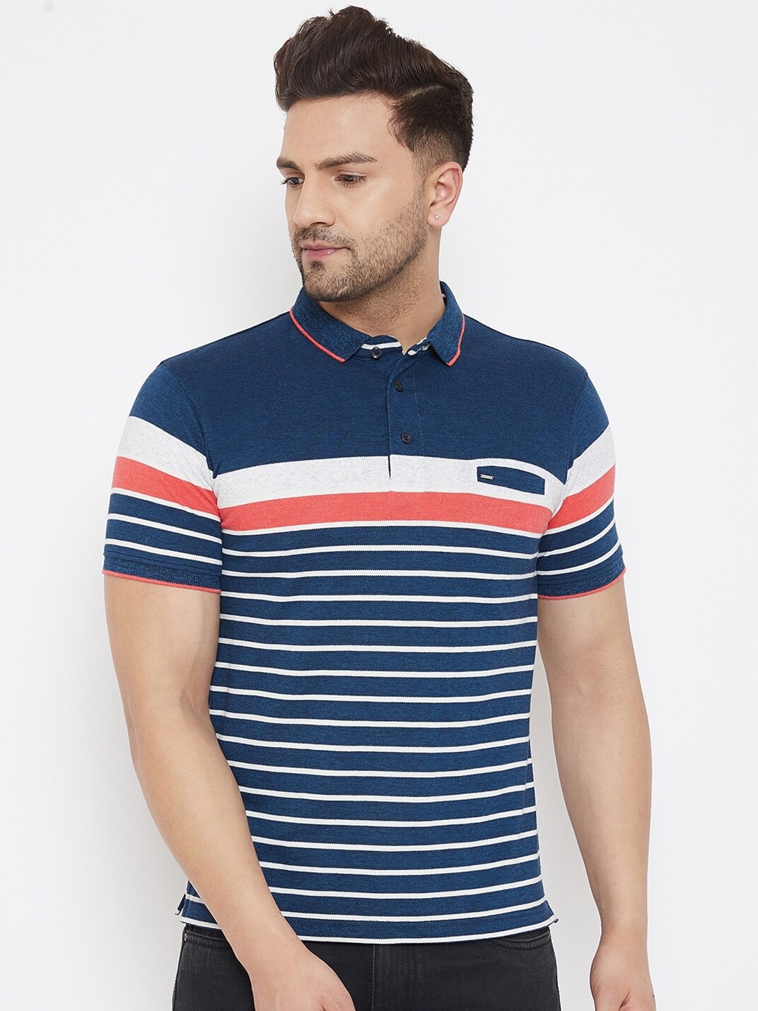 

Okane Men Blue & Grey Striped Polo Collar T-shirt