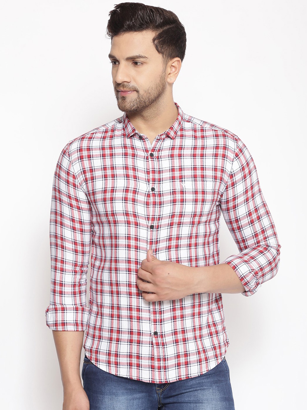 SHOWOFF Men Red & White Cotton Classic Slim Fit Checked Casual Shirt
