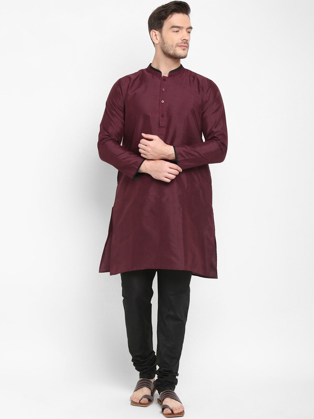 

Hangup Men Maroon & Black Solid Kurta with Pyjamas