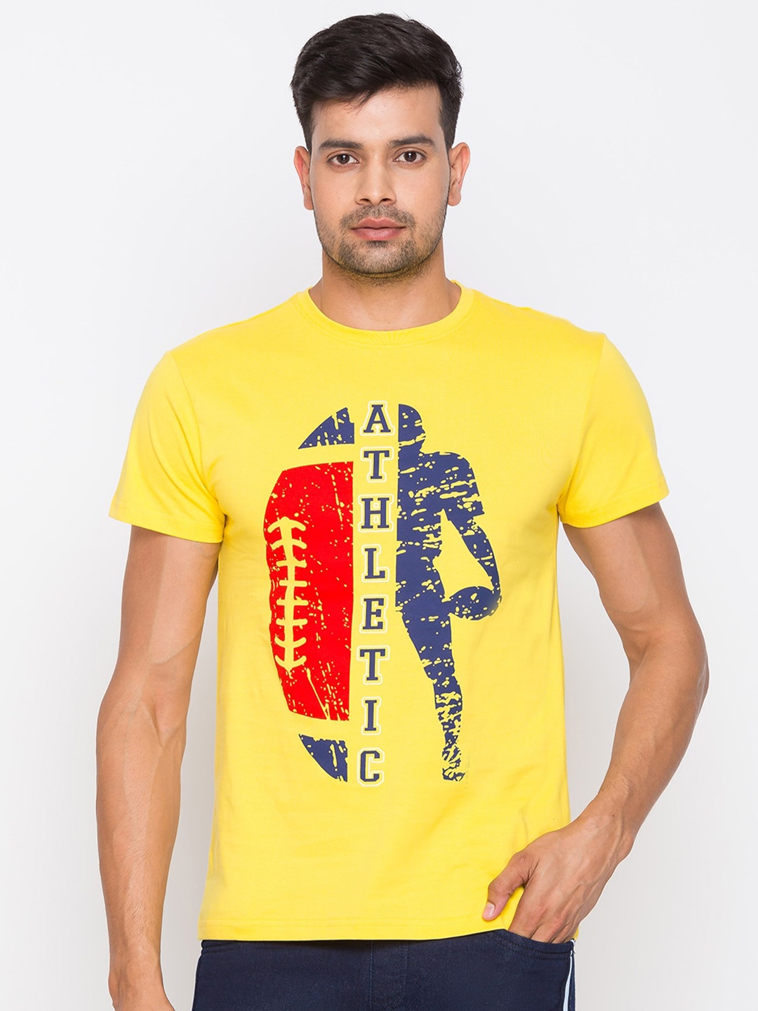 

Globus Men Yellow & Blue Cotton Printed Round Neck T-shirt