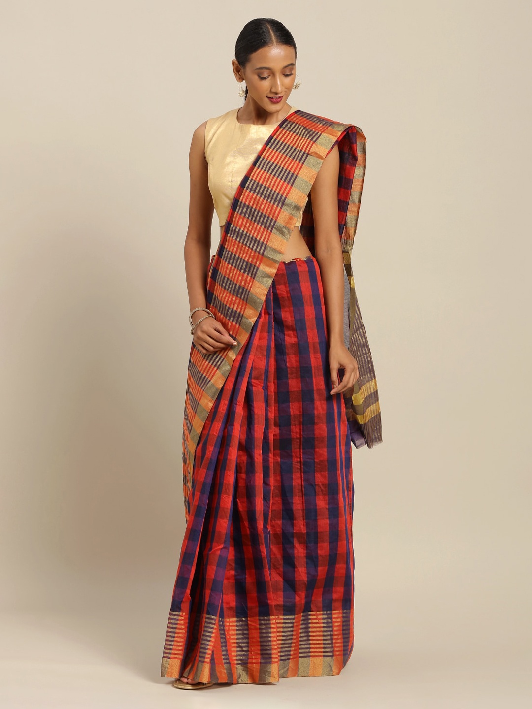 

Florence Blue & Red Art Silk Checked Saree