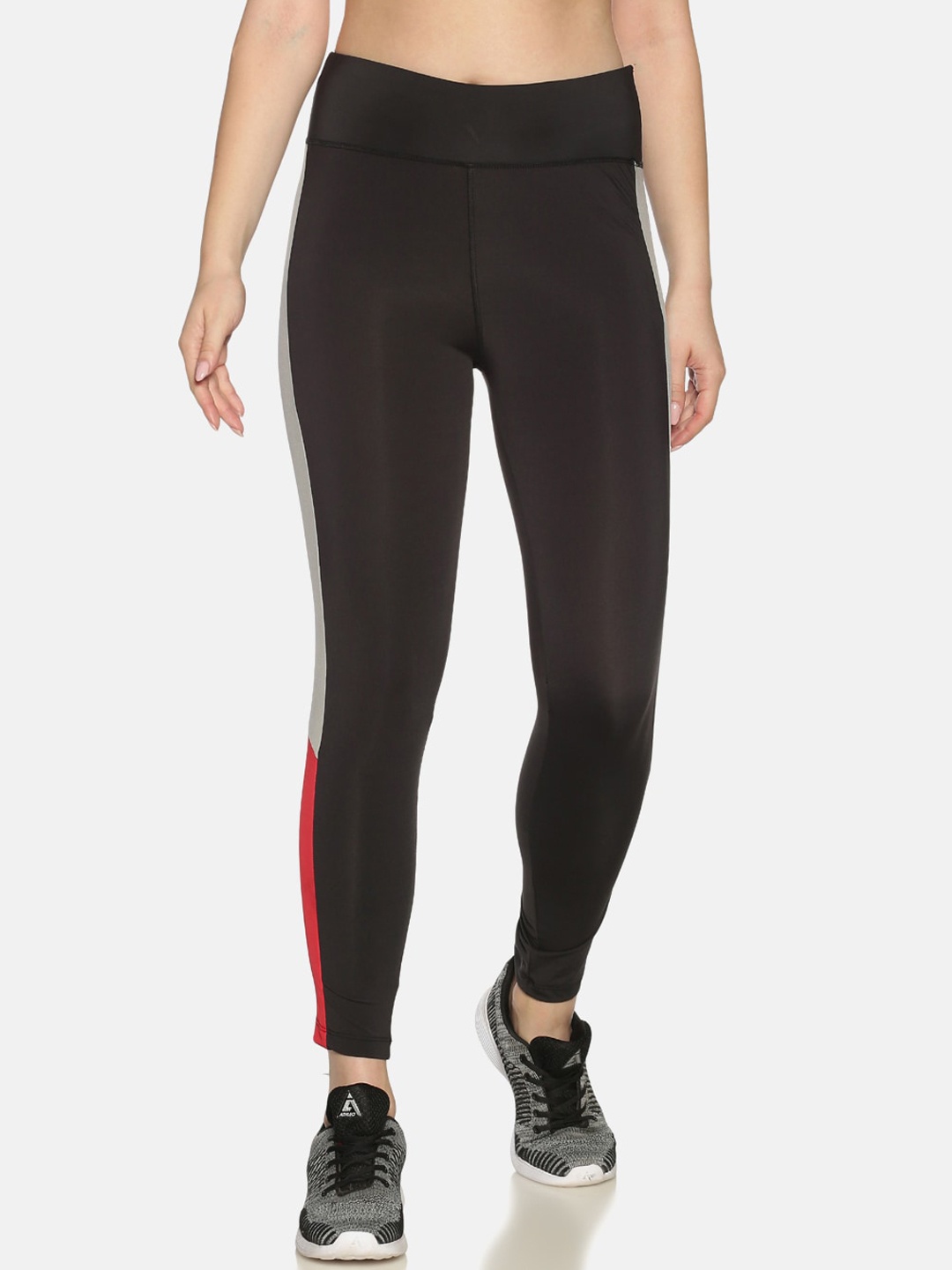 

Campus Sutra Women Black & Grey Colourblocked Sports Dry-Fit Tights with Side Stripe