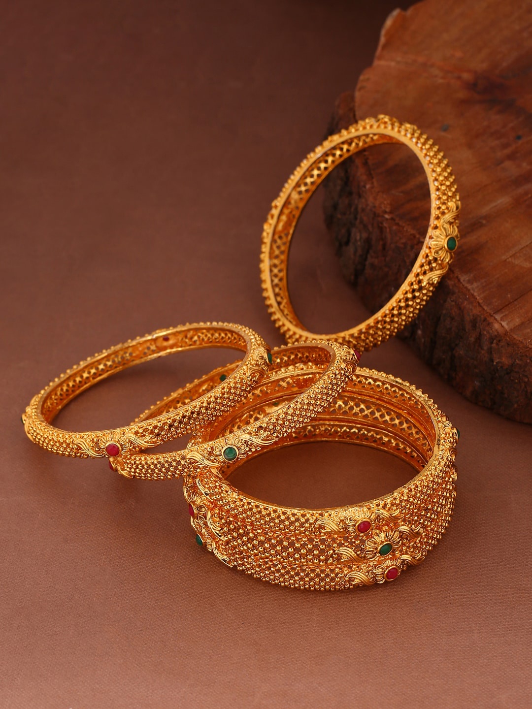

Shoshaa Set Of 6 Gold-Plated Pink & Green Stone-Studded Handcrafted Bangles